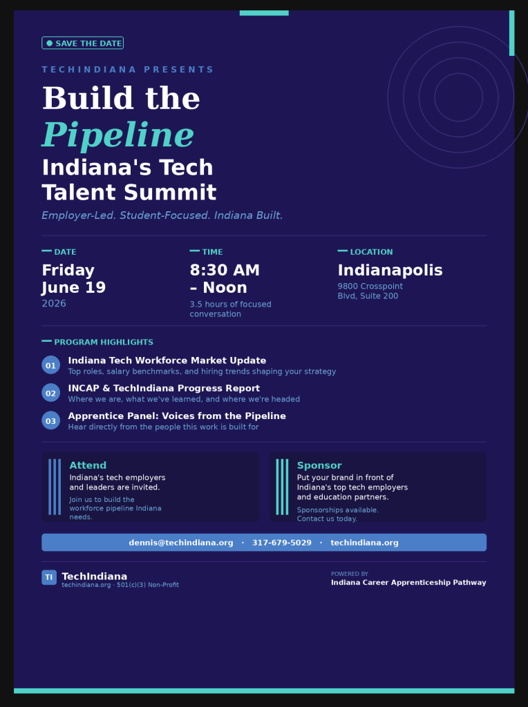 Build the Pipeline: Indiana's Tech Talent Summit save-the-date flyer — June 19, 2026, Indianapolis